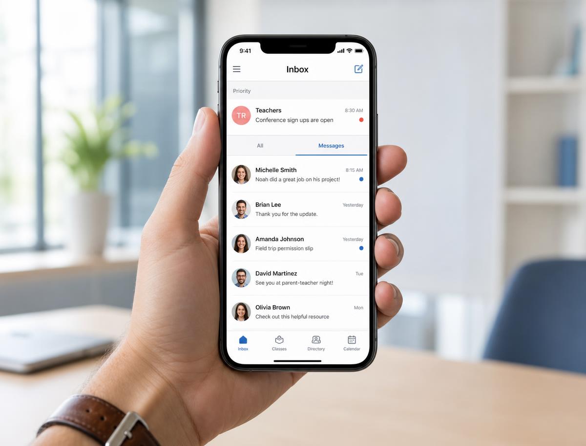 Smartphone showing a clean parent communications inbox