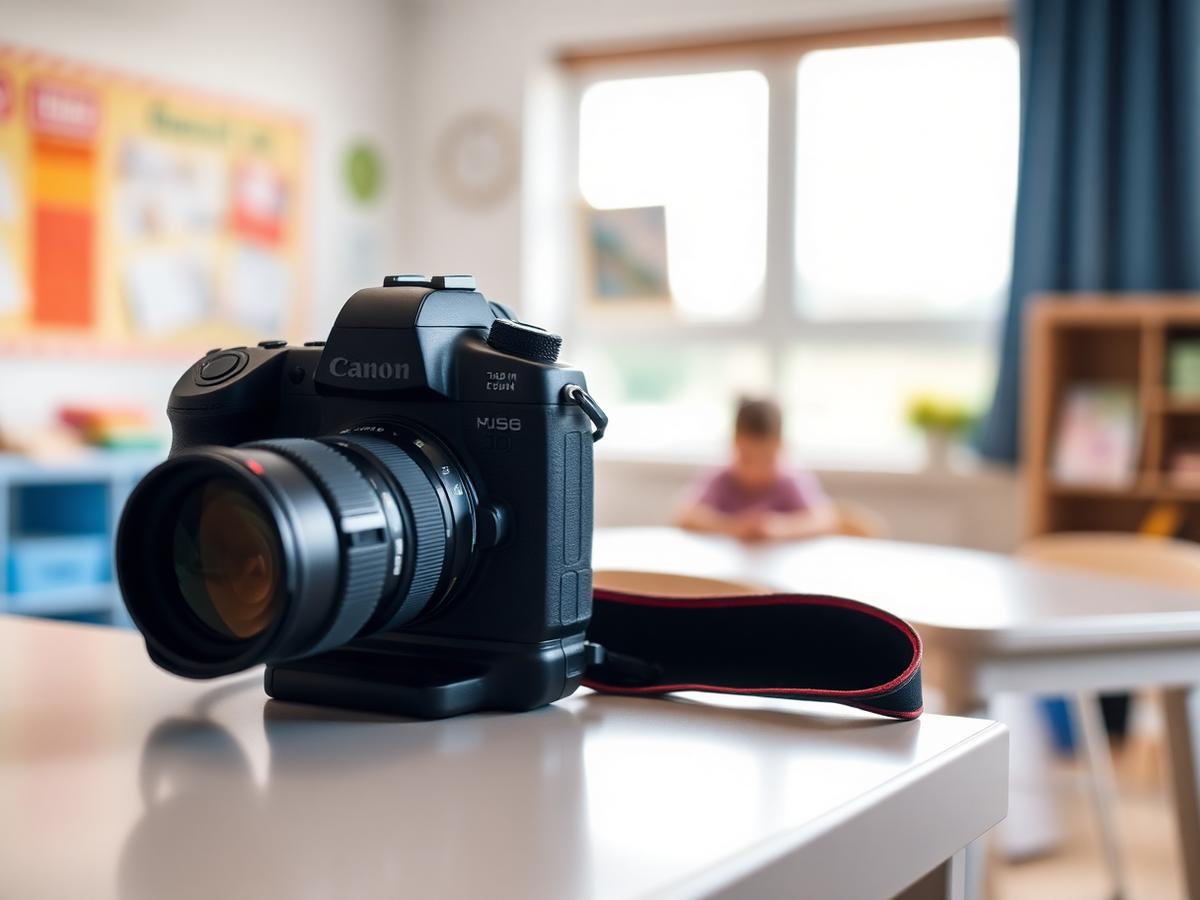 Professional camera in a bright early learning classroom
