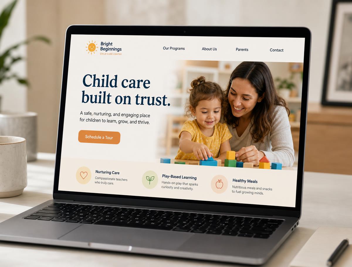 Laptop displaying a polished childcare program website
